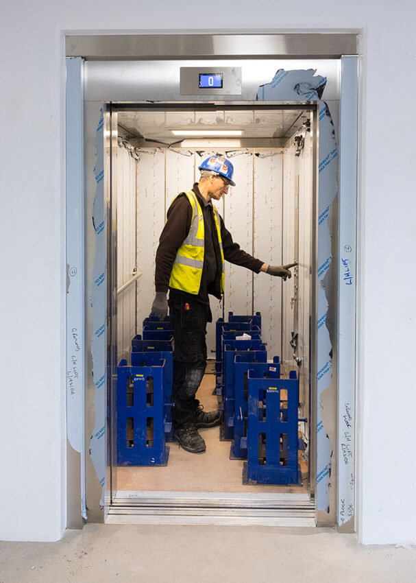 Lift Installation Lincoln Transport Hub for Willmott Dixon, Lift engineer testing new lift