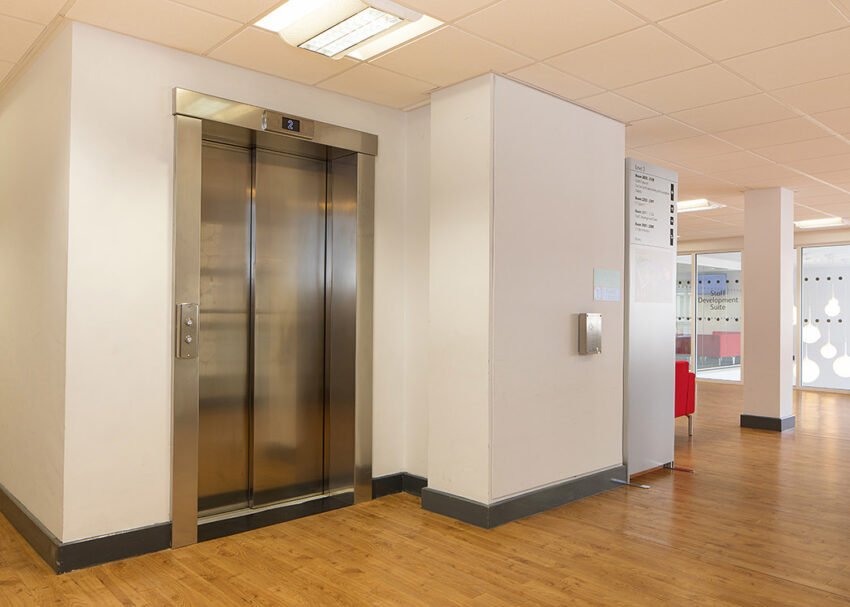 Lift Installation Nottingham trent university chauser building MV Lifts Ecocell Evacuation Lift. brushed steel lift doors