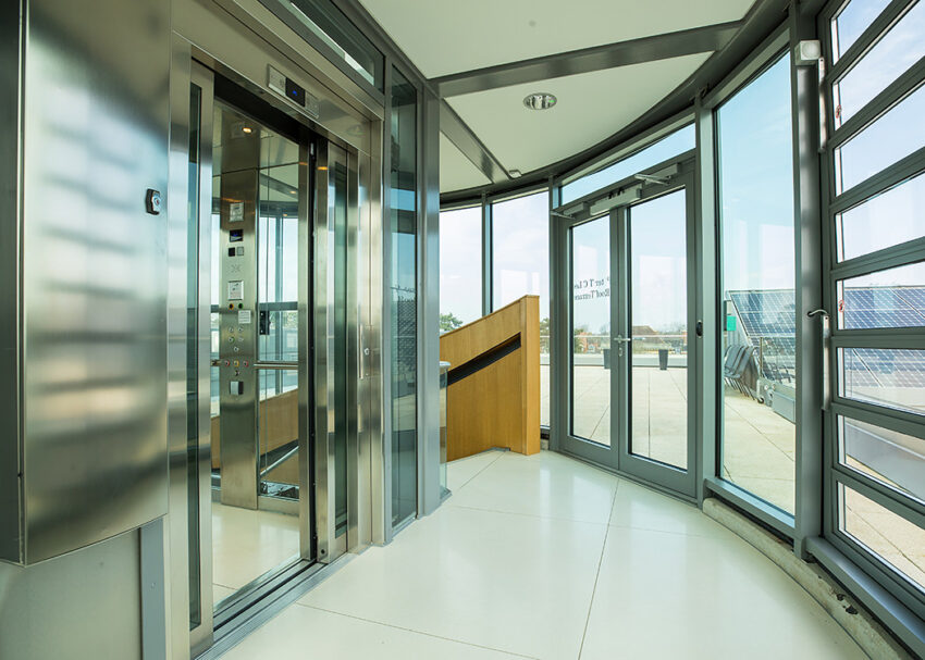 Lift Installation Oxford, dickson Poon university of oxford china centre building, roof terrace lift entrance