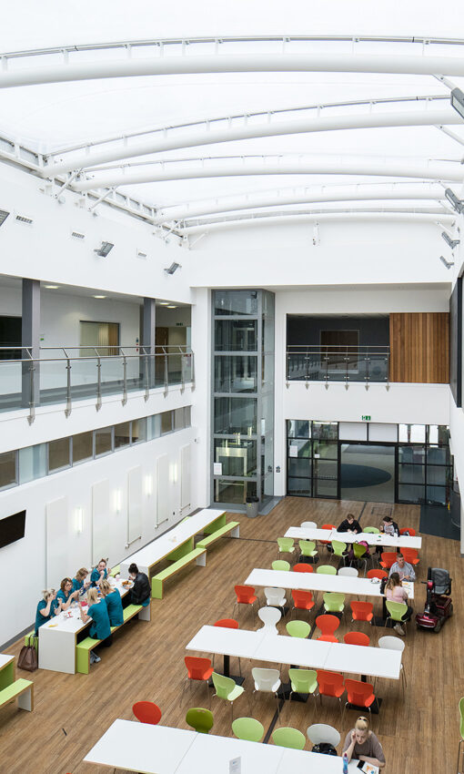 Lift Installation Melton Mowbray, leicestershire, Brooksby Melton College, scenic glass lift view from atrium