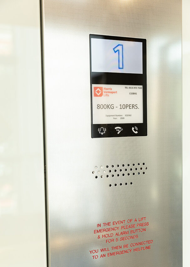 Glass Lift Installation Nottingham Trent University, University Hall, lift interior