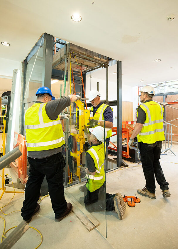 Glass Lift Installation Nottingham Trent University, University Hall, heavy glass suction lift