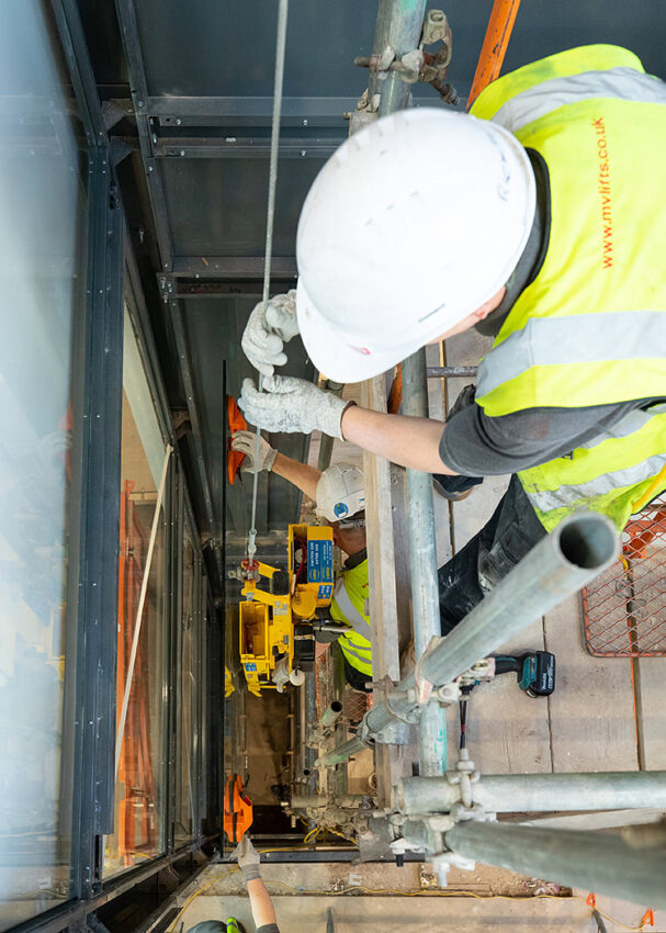 Glass Lift Installation Nottingham Trent University, University Hall, glass side installation