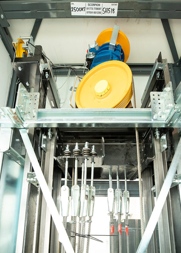 Glass Lift Installation Nottingham Trent University, University Hall, lift pulley assembly