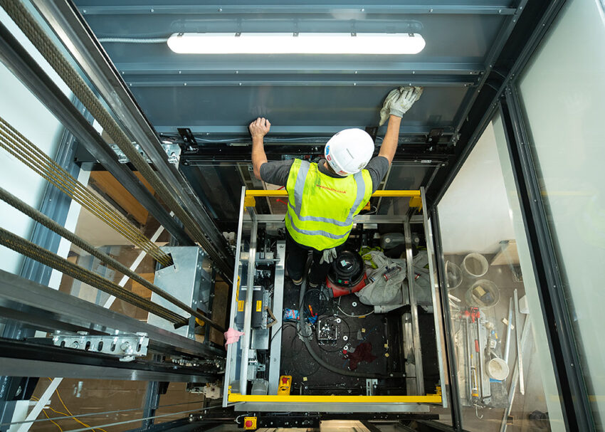 Glass Lift Installation Nottingham Trent University, University Hall, lift shaft cleaning
