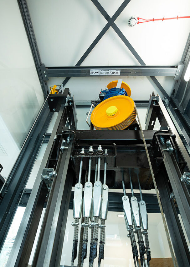 Glass Lift Installation Nottingham Trent University, University Hall, lift cable pulley