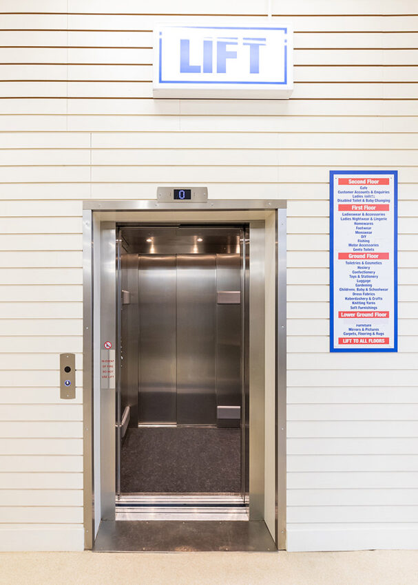 Lift Installation in Scarborough at Boyes department store, lift entrance doors open