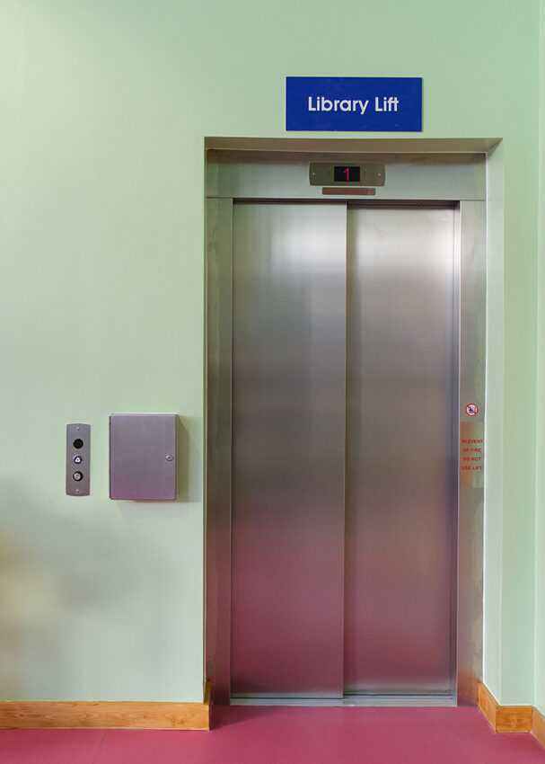 Lift Replacement Cambridge ely library, closed lift doors