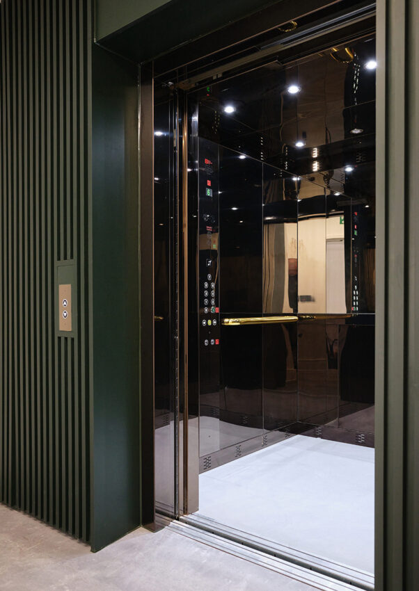 shiney lift car interior from lift installation at wilsons corner, London