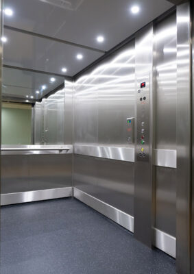 Lift Interior design by Morris Vermaport Lifts showing bespoke steel lift walls
