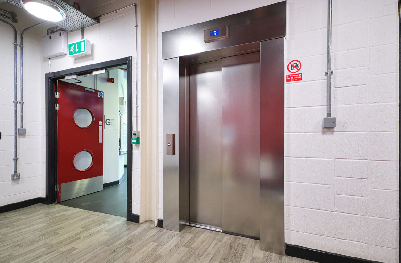 re skinned lift doors in stainless steel carried out by MV Lifts.