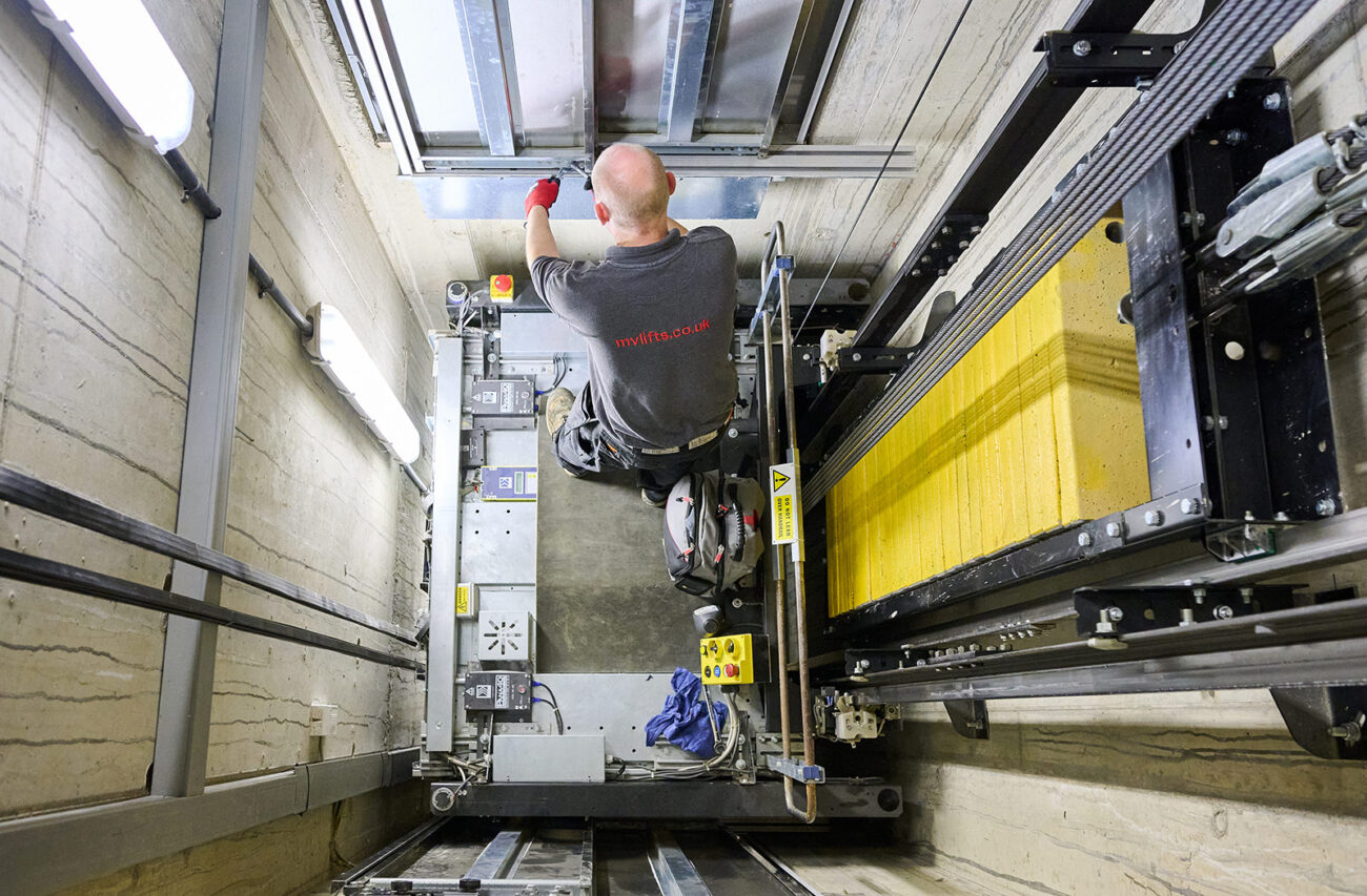 lift service engineer at the University of Nottingham servicing a lift - morris vermaport lifts